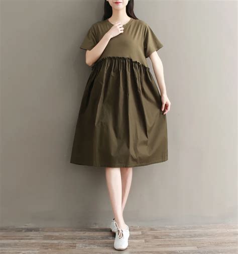 Fashion Army Green Short Sleeve Women Cotton Dress Solid Casual Dress