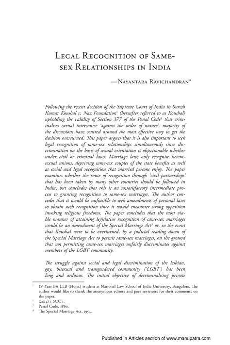 article on same sex marriage legal recognition of same sex relationships in india — nayantara