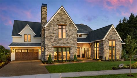 Modern Farmhouse Exterior Facade With Stone And Wood Country