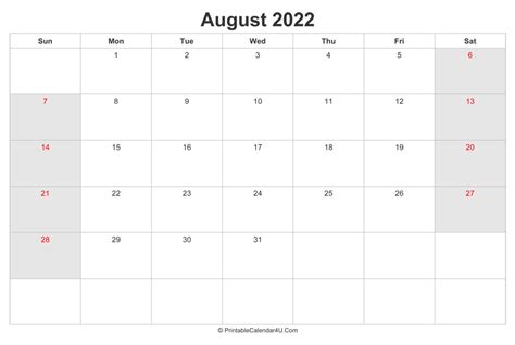 August 2022 Calendar With Us Holidays Highlighted Landscape Layout