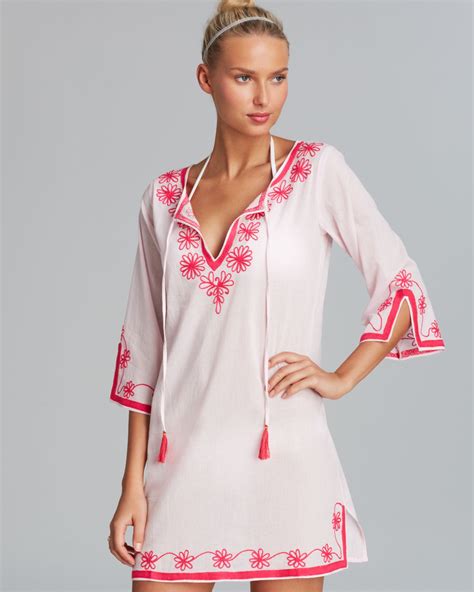Debbie Katz Serena Embroidered Cotton Tunic Swim Cover Up In Pink