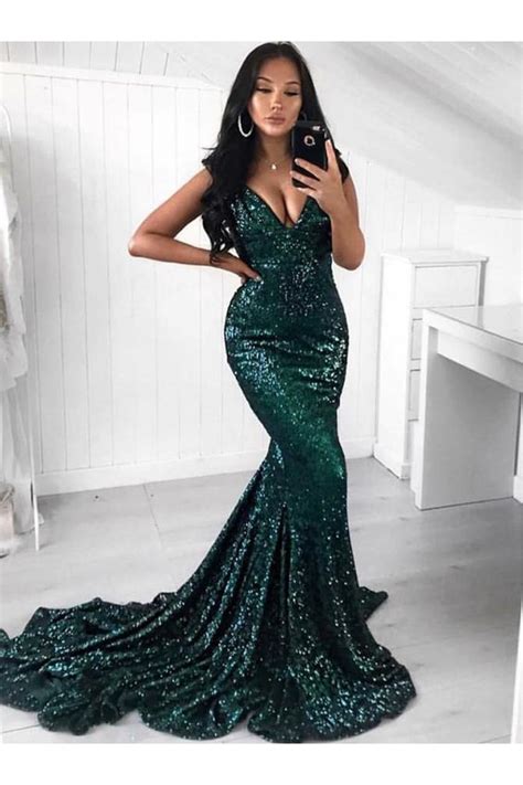 Mermaid V Neck Sparkling Long Prom Dress Formal Evening Dresses