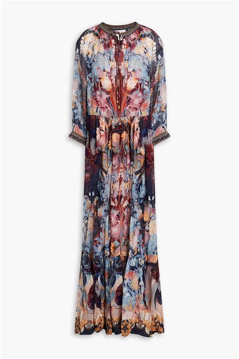 Camilla Crystal Embellished Floral Print Silk Crepon Maxi Dress The