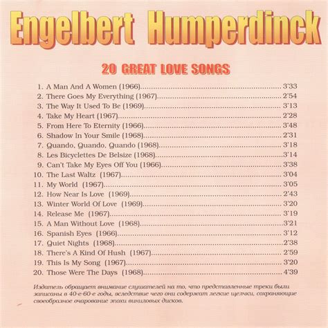 Complete song listing of engelbert humperdinck on oldies.com. 20 Great Love Songs - Engelbert Humperdinck mp3 buy, full ...