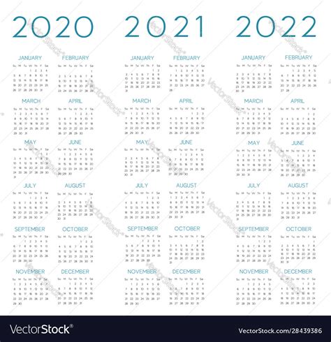 English Calendar 2020 2021 2022 Royalty Free Vector Image