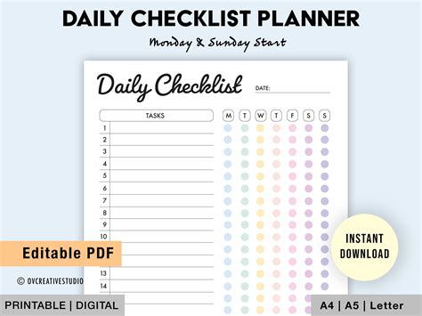 Editable Daily Checklist Printable Weekly To Do List Etsy Uk