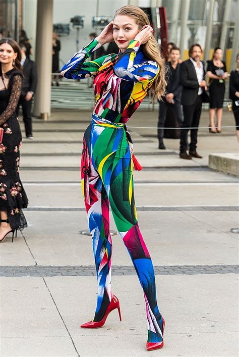 gigi hadid s rainbow catsuit makes her look like a sexy superhero fashion gigi hadid outfits