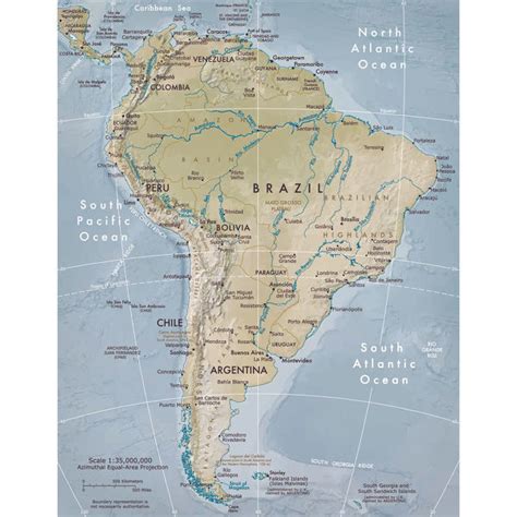 Physical Map Of South America Print 15192870 Canvas Cards