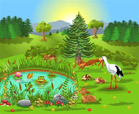 Cartoon Illustration Of Wild Animals Living In The Forest And Coming To