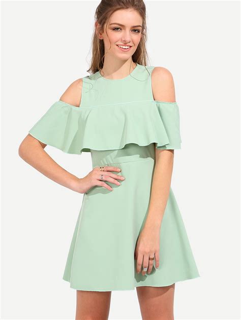 Green Half Sleeve Cold Shoulder Ruffle Dress Summer Dresses Fashion