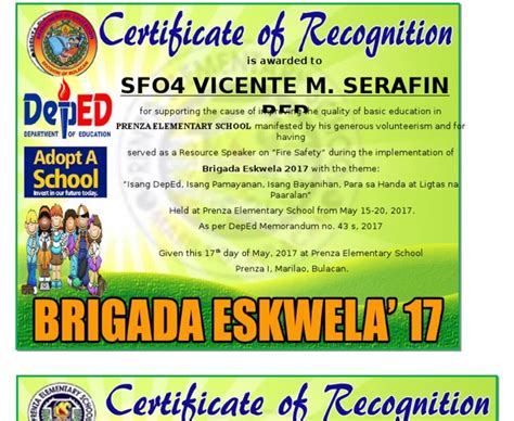 Deped Cert Of Recognition Template Templates Of Brigada Eskwela 2019