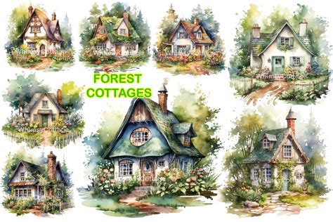 12 Whimsical Forest Garden Cottages Clipart