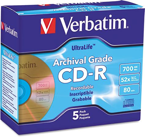 Verbatim Cd R Archival Grade Disc 700mb 52x W Jewel