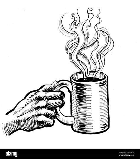Hand Holding A Cup Of Coffee Ink Black And White Drawing Stock Photo