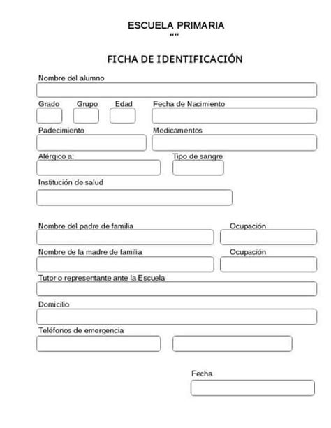 Ficha de identificación para alumnos Bitacora escolar Fichas Hoja