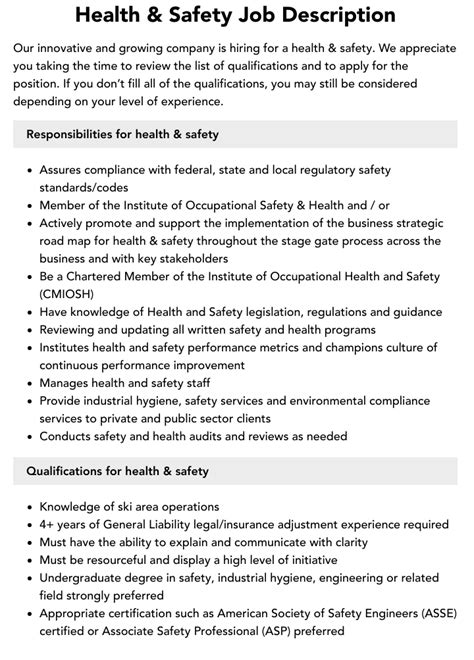 Health And Safety Job Description Velvet Jobs