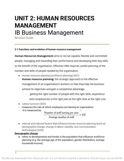 Ib Business Management Unit 2 Human Resource Management Notes Studylast