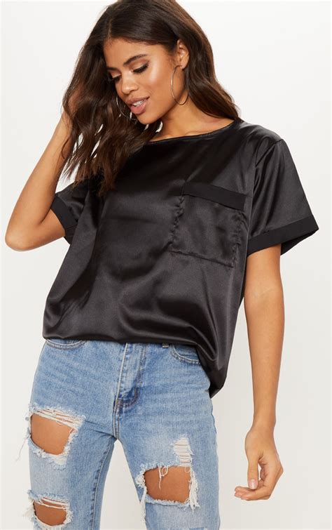 Black Oversized Satin T Shirt Tops Prettylittlething
