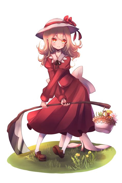 A Woman In A Red Dress And Hat Holding A Basket With Flowers On The Grass