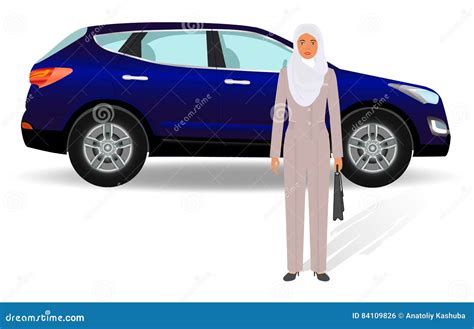 Business People Concept Arab Businesswoman Standing On A Luxury Car Background Stock Vector