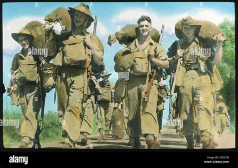 Unidentified Australian Army Soldiers Marching With Full Kits Stock