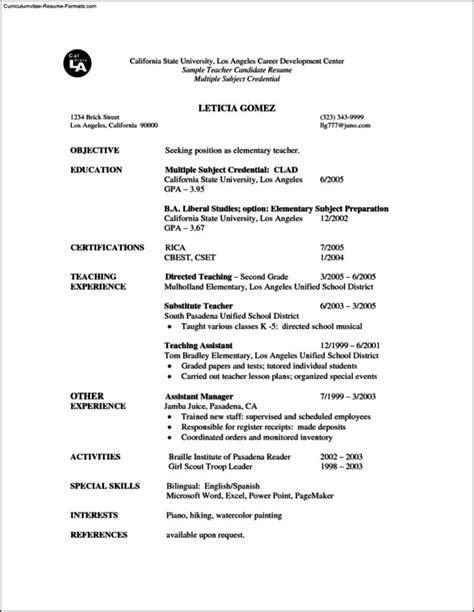 Teacher Resume Templates Microsoft Word 2007 Free Samples Examples