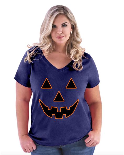 Iwpf Womens Plus Size V Neck T Shirt Halloween Costume Pumpkin Face