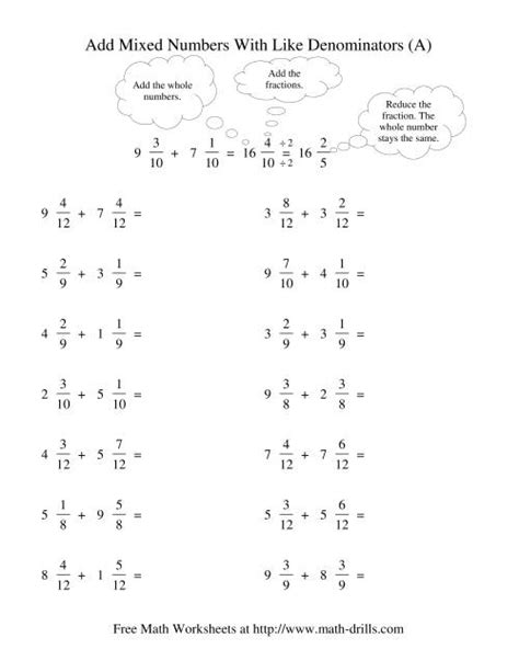 Adding Fractions And Mixed Numbers With Like Denominators Worksheets