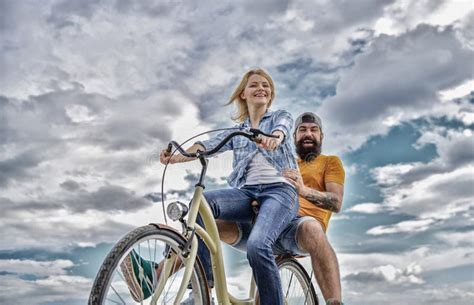 Girl Sit On Handlebar Of His Bike Man Bearded Hipster Rides Girlfriend On His Bike Girl Likes