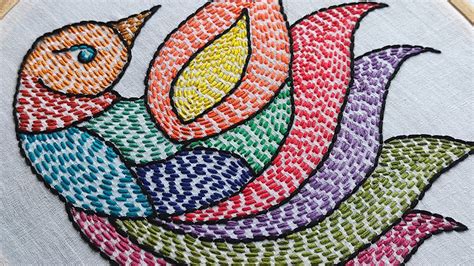 Kantha Work Bird Embroidery Using Running Stitch And Back Stitch