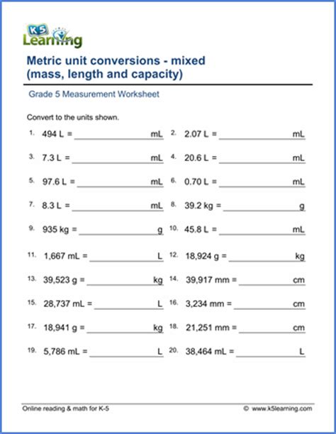 Practice the questions given in the worksheet on metric measures as we know it is very important for us to know how to convert smaller units into bigger units and bigger units into smaller units. Grade 5 Math Worksheets: Metric units of measurement | K5 ...