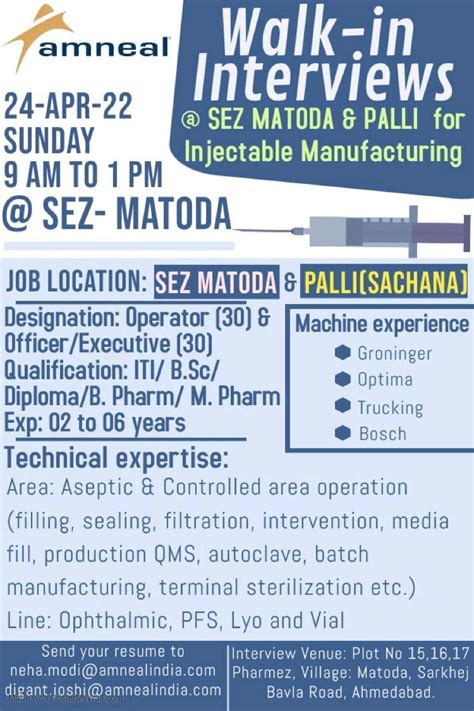 Walk In Interviews For Injectable Manufacturing Amneal Sez On 24 Apr