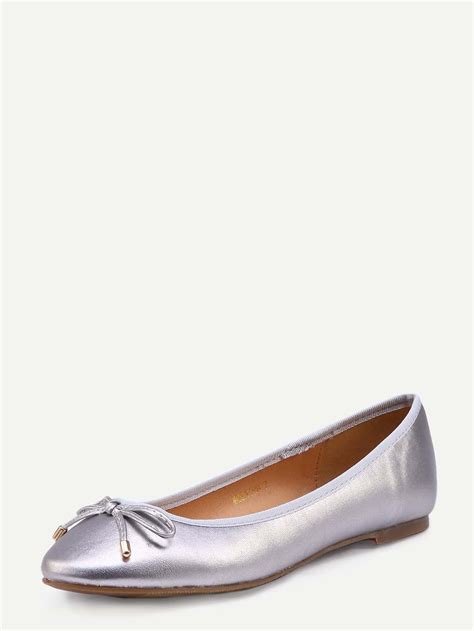 Faux Leather Bow Tie Ballet Flats Silver Sheinsheinside