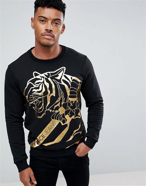 VERSACE JEANS SWEATSHIRT IN BLACK WITH GOLD FOIL TIGER PRINT BLACK