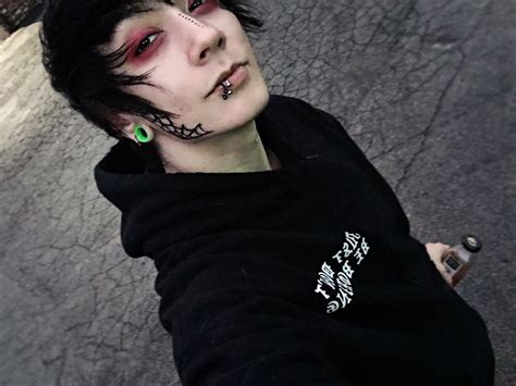 Pastel goth anime boy aesthetic. Red eyeshadow, black clothes, spiderweb tattoo on my ...
