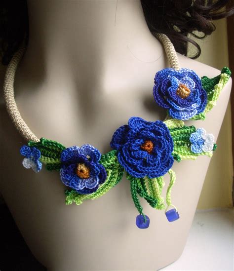 Crochet Flower Floral Necklace In Blue By Flowersbyirene On Etsy