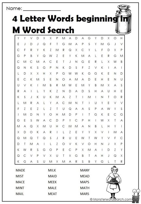4 Letter Words Beginning In M Word Search Monster Word Search Senior