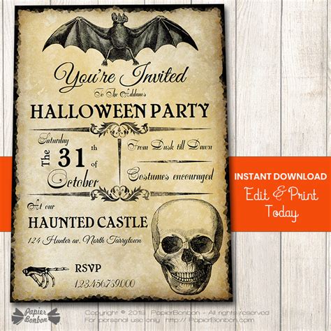 Vintage Halloween Invitation Editable Instant Download Papier Bonbon