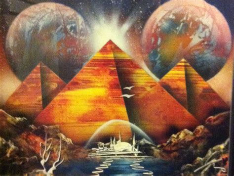 An Artistic Painting With Pyramids And Boats On The Water In Front Of Earth S Horizon
