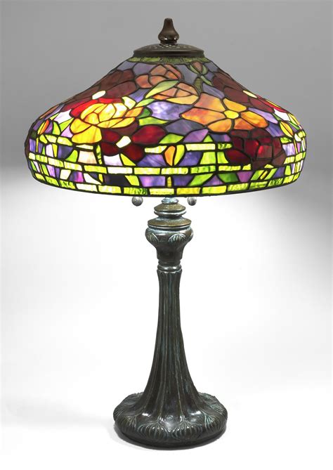 Lot Contemporary Tiffany Style Leaded Glass Table Lamp Colorful Glass Shade In A Peony Pattern