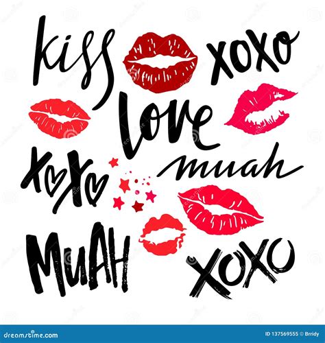 Handwritten Lettering With Red Woman Lips Vector Lipstick Kisses Xoxo Love Kiss And Muah