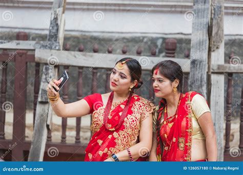 Nepali Women Taking Selfie With Smartphone At Teej Festival In K Editorial Image Image Of