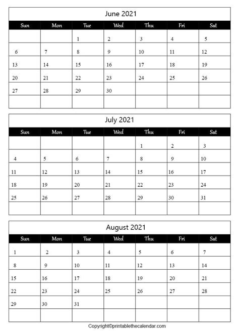 June July August 2021 Calendar Free Printable Template Printable