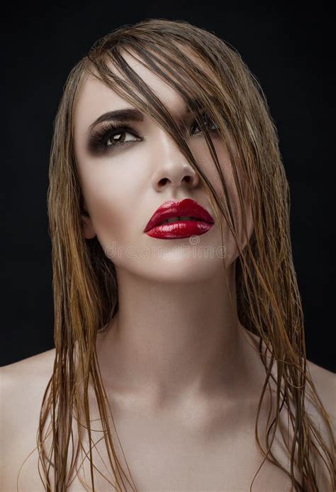 Red Lips Wet Hair Women Makeup Beauty Stock Image Image Of Background