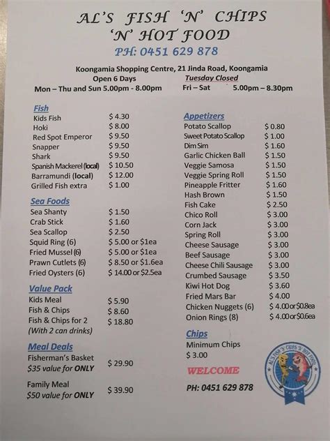 Menu at AL'S FISH N CHIPS N HOT FOOD fast food, Koongamia