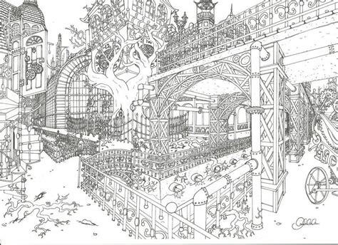 Steampunk City Lines By Clanaad Coloring Pages For Grown Ups Detailed