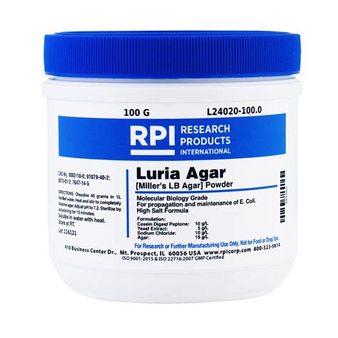 L24020 1000 Luria Agar Powder Millers Lb Agar 100 Grams