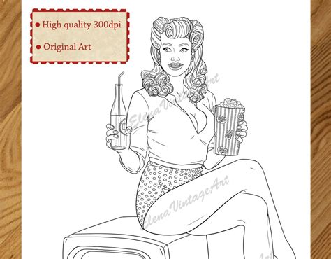 Adult Coloring Page Pin Up Printable Instant Download Pdf Etsy