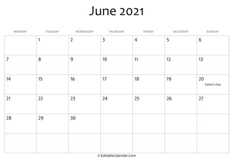 Editable Calendar June 2021