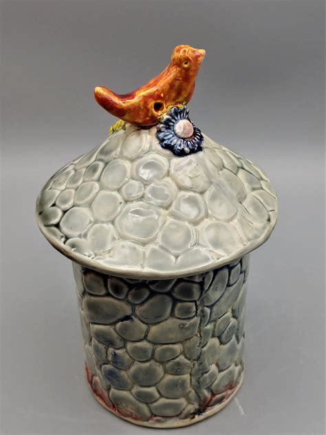 Handmade Pottery Ceramic Birdhouse Birds And Flowers Yard Etsy